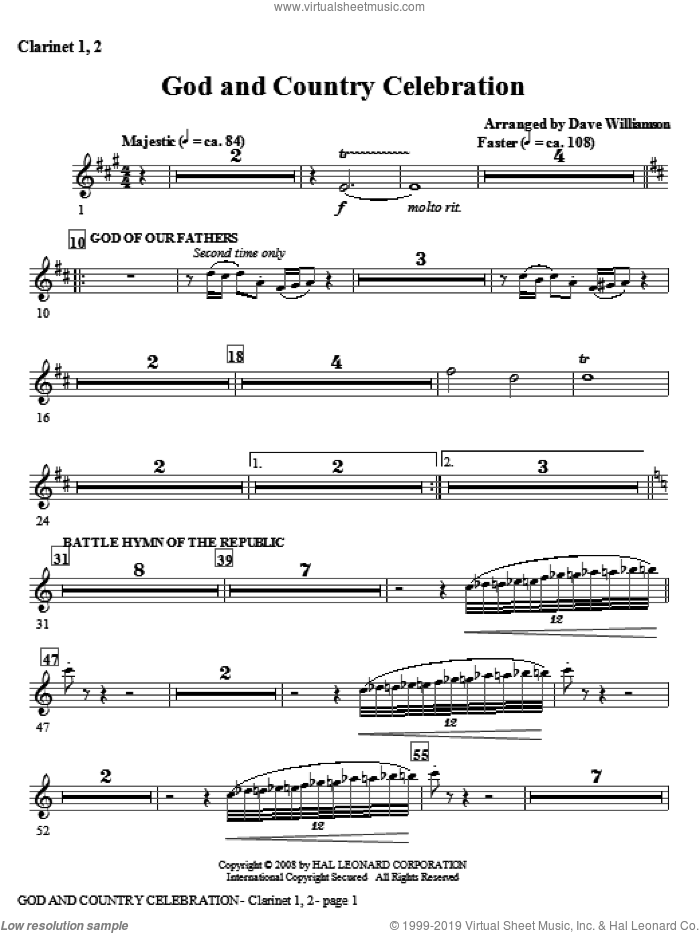 God And Country Celebration (Medley) sheet music for orchestra/band (Bb clarinet 1,2) by Dave Williamson, intermediate skill level