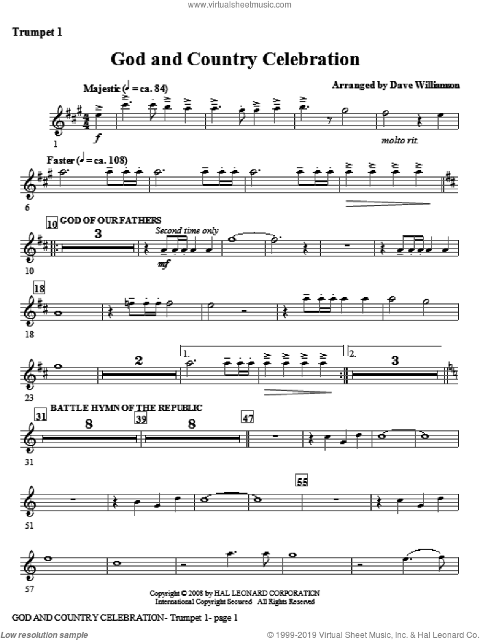 God And Country Celebration (Medley) sheet music for orchestra/band (trumpet 1) by Dave Williamson, intermediate skill level