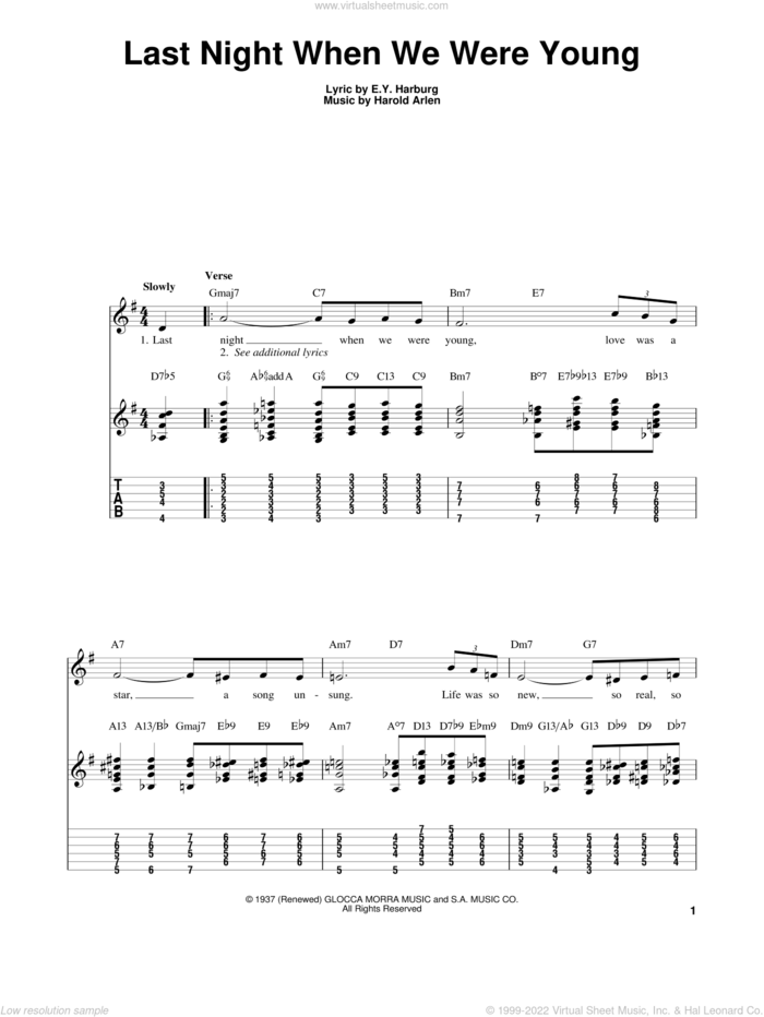 Last Night When We Were Young sheet music for guitar solo (easy tablature) by Kenny Burrell, Frank Sinatra, Judy Garland, E.Y. Harburg and Harold Arlen, easy guitar (easy tablature)