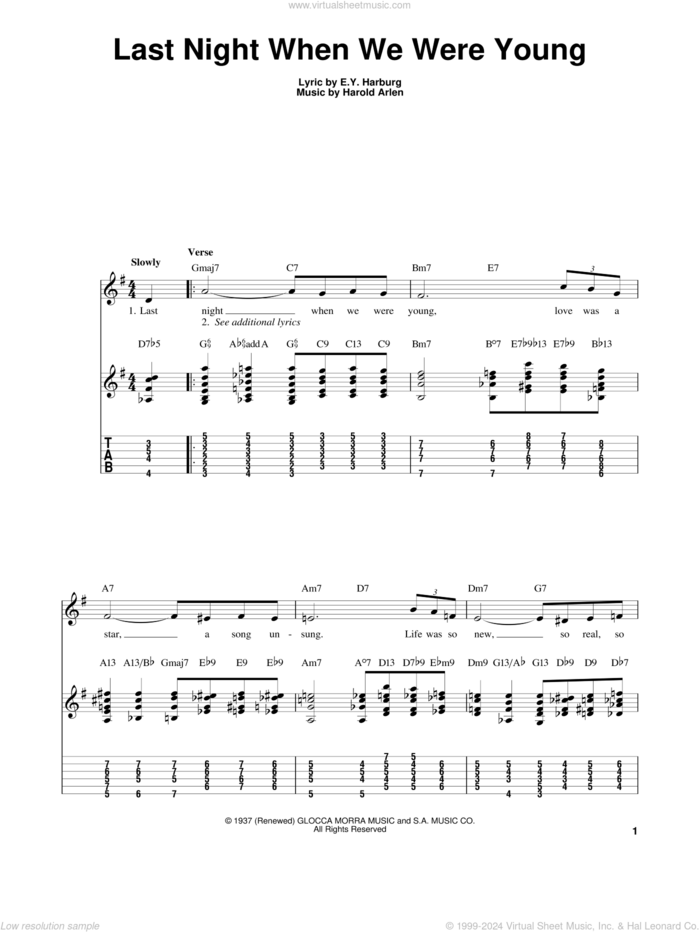 Last Night When We Were Young sheet music for guitar solo (easy tablature) by Kenny Burrell, Frank Sinatra, Judy Garland, E.Y. Harburg and Harold Arlen, easy guitar (easy tablature)