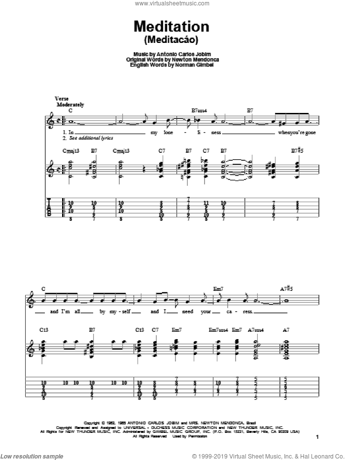 Meditation (Meditacao) sheet music for guitar solo (easy tablature) by Antonio Carlos Jobim, Joe Pass, Newton Mendonca and Norman Gimbel, easy guitar (easy tablature)