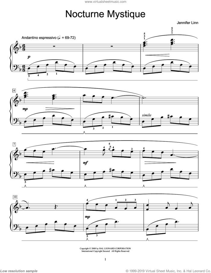 Nocturne Mystique sheet music for piano solo (elementary) by Jennifer Linn and Miscellaneous, beginner piano (elementary)