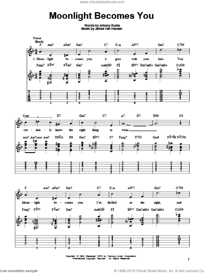 Moonlight Becomes You sheet music for guitar solo (easy tablature) by Bing Crosby, Jimmy van Heusen and John Burke, easy guitar (easy tablature)