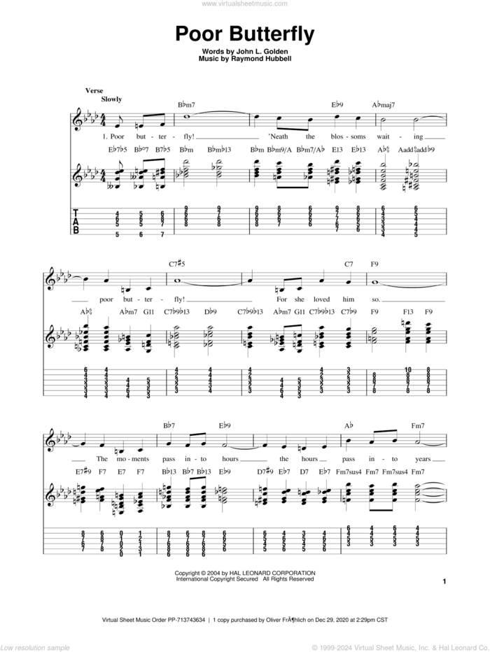 Poor Butterfly sheet music for guitar solo (easy tablature) by Charlie Christian, Benny Goodman, Sarah Vaughan, John L. Golden and Raymond Hubbell, easy guitar (easy tablature)