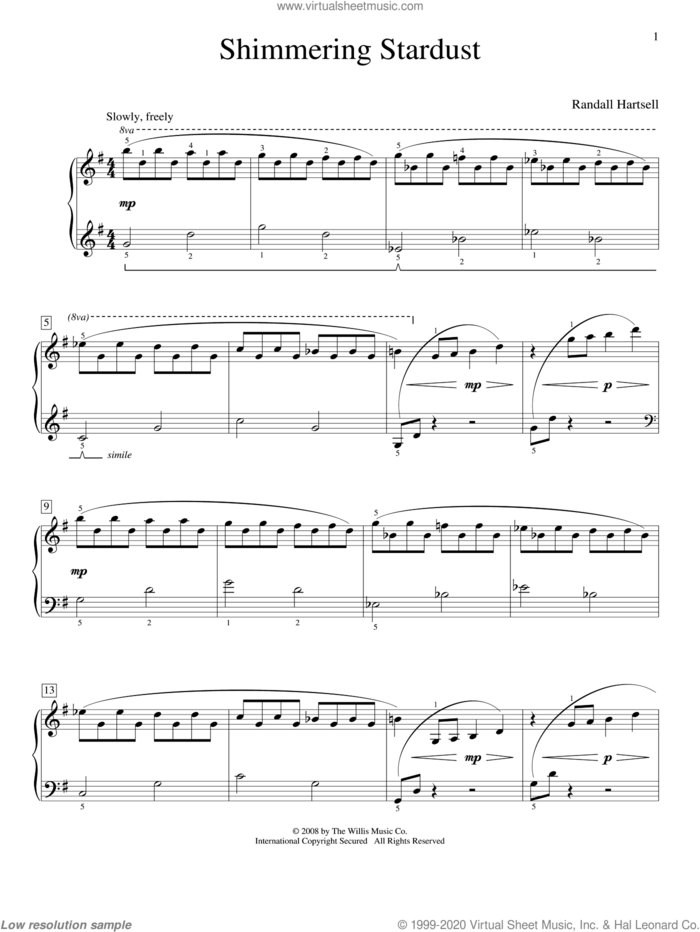 Shimmering Stardust sheet music for piano solo (elementary) by Randall Hartsell, beginner piano (elementary)
