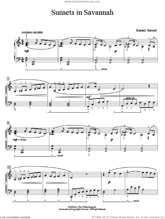 Sunsets In Savannah sheet music for piano solo (elementary) by Randall Hartsell, beginner piano (elementary)