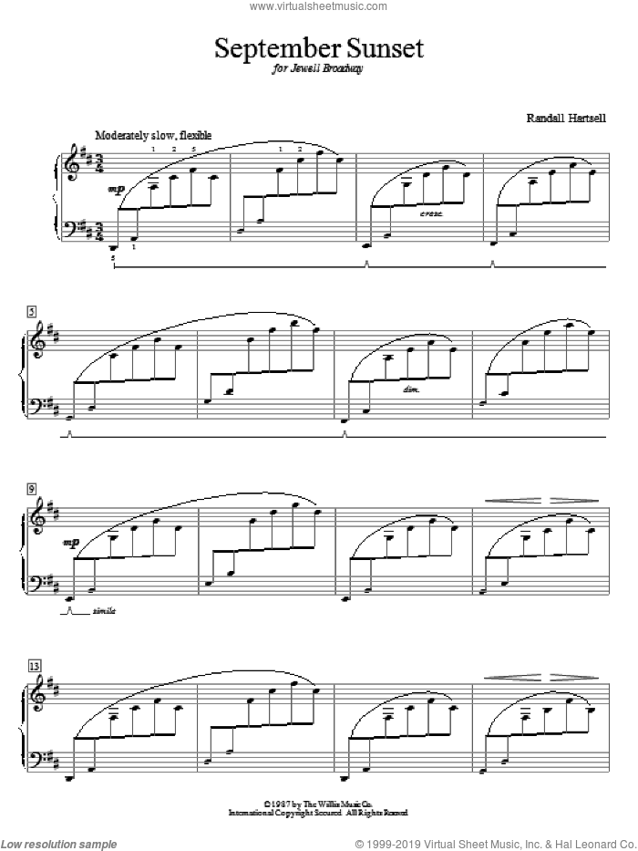 September Sunset sheet music for piano solo (elementary) by Randall Hartsell, beginner piano (elementary)