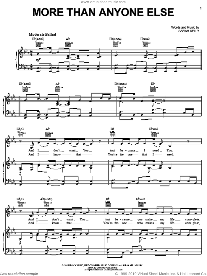 More Than Anyone Else sheet music for voice, piano or guitar by Sarah Kelly, intermediate skill level