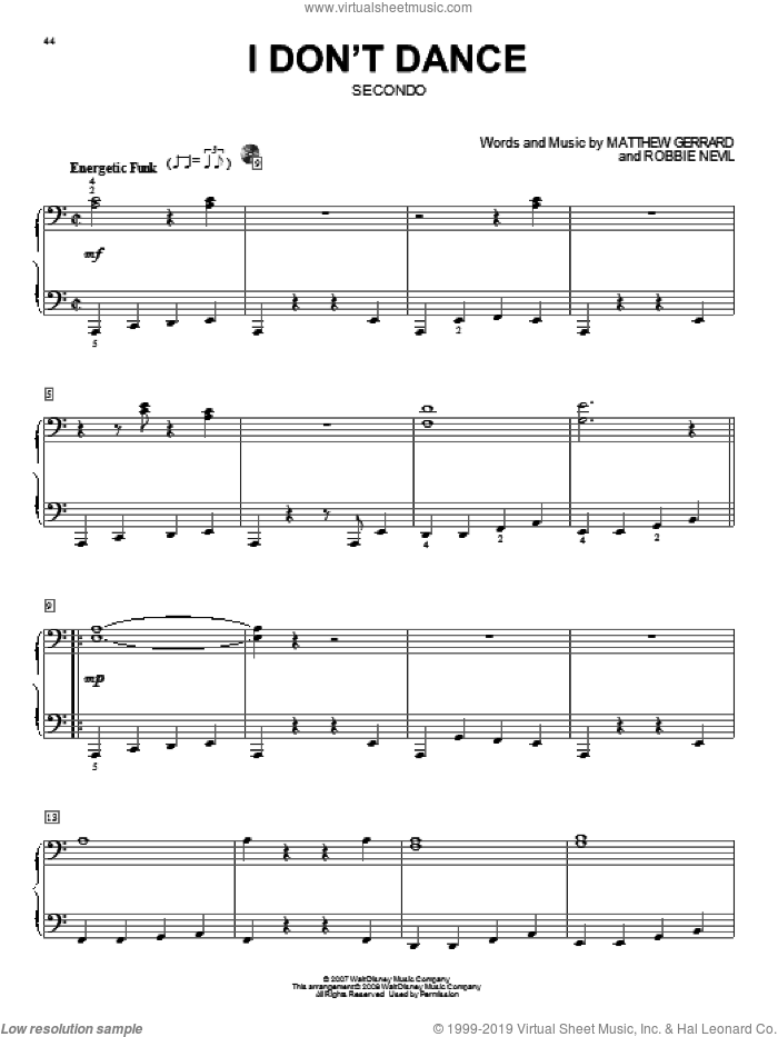 I Don't Dance sheet music for piano four hands by High School Musical 2, Matthew Gerrard and Robbie Nevil, intermediate skill level