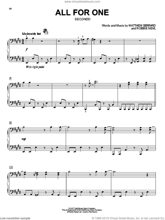 All For One sheet music for piano four hands by High School Musical 2, Matthew Gerrard and Robbie Nevil, intermediate skill level