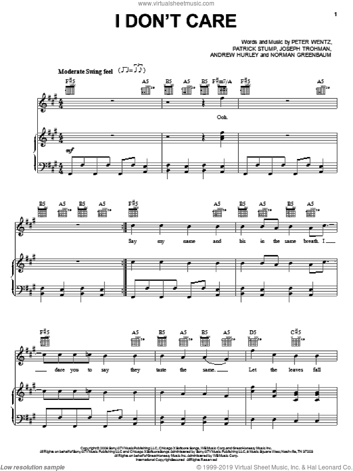 I Don't Care sheet music for voice, piano or guitar by Fall Out Boy, Andrew Hurley, Joseph Trohman, Norman Greenbaum, Patrick Stump and Peter Wentz, intermediate skill level