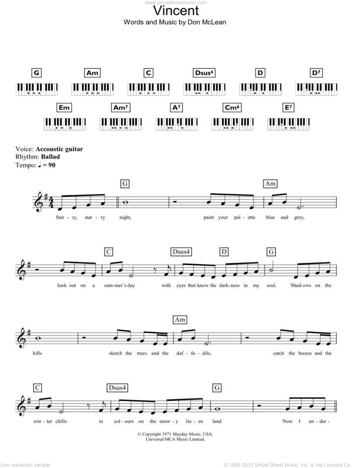 Vincent (Starry Starry Night) sheet music for piano solo (chords, lyrics, melody) by Don McLean, intermediate piano (chords, lyrics, melody)