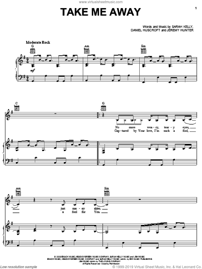 Take Me Away sheet music for voice, piano or guitar by Sarah Kelly, Daniel Huscroft and Jeremy Hunter, intermediate skill level