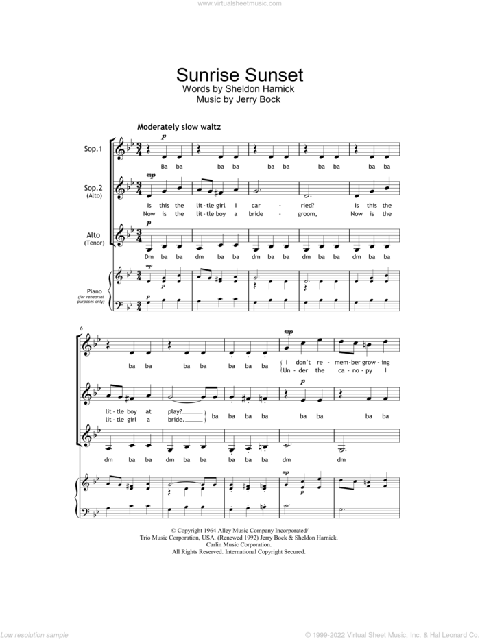 Sunrise, Sunset (from Fiddler On The Roof) sheet music for choir (SSA: soprano, alto) by Bock & Harnick, Jerry Bock and Sheldon Harnick, intermediate skill level