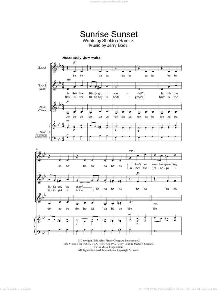 Sunrise, Sunset (from Fiddler On The Roof) sheet music for choir (SSA: soprano, alto) by Bock & Harnick, Jerry Bock and Sheldon Harnick, intermediate skill level