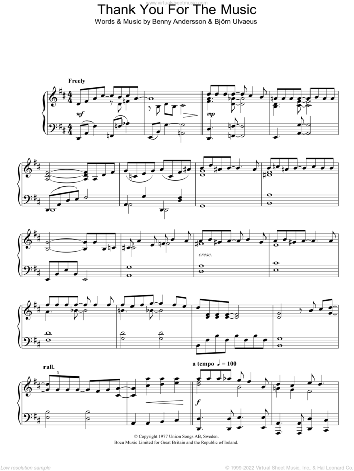 Thank You For The Music, (intermediate) sheet music for piano solo by ABBA, Benny Andersson, Bjorn Ulvaeus and Miscellaneous, intermediate skill level