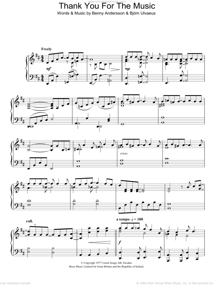 Thank You For The Music, (intermediate) sheet music for piano solo by ABBA, Benny Andersson, Bjorn Ulvaeus and Miscellaneous, intermediate skill level