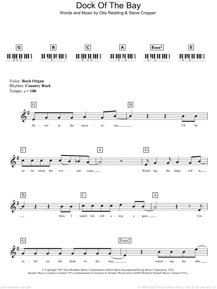 (Sittin' On) The Dock Of The Bay (Abridged) sheet music for piano solo (chords, lyrics, melody) by Otis Redding and Steve Cropper, intermediate piano (chords, lyrics, melody)