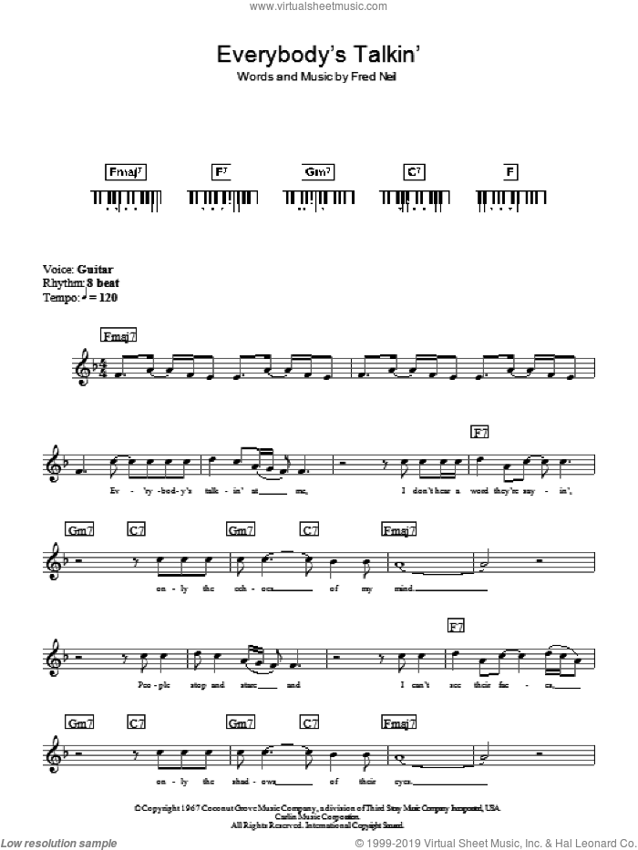 Everybody's Talkin' sheet music for piano solo (chords, lyrics, melody) by Harry Nilsson and Fred Neil, intermediate piano (chords, lyrics, melody)
