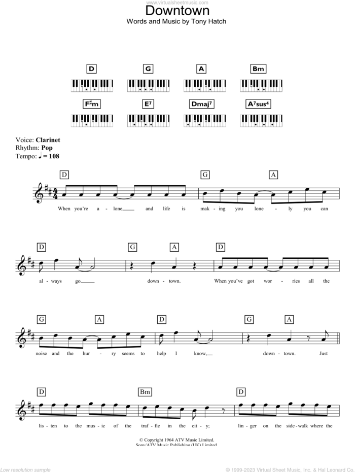 Downtown sheet music for piano solo (chords, lyrics, melody) by Petula Clark and Tony Hatch, intermediate piano (chords, lyrics, melody)