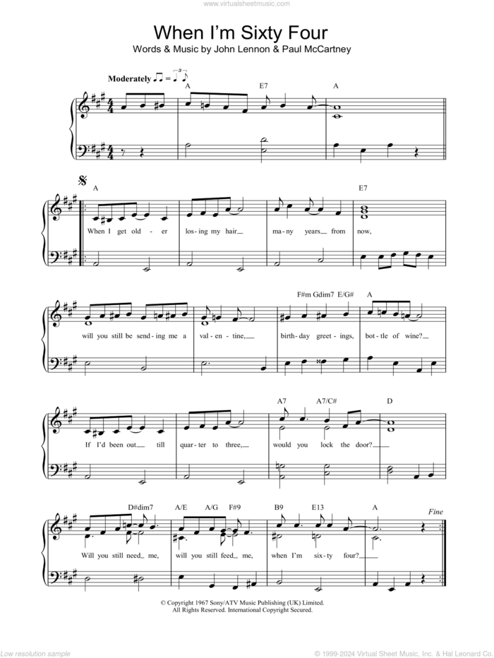 When I'm Sixty-Four sheet music for piano solo by The Beatles, John Lennon and Paul McCartney, easy skill level