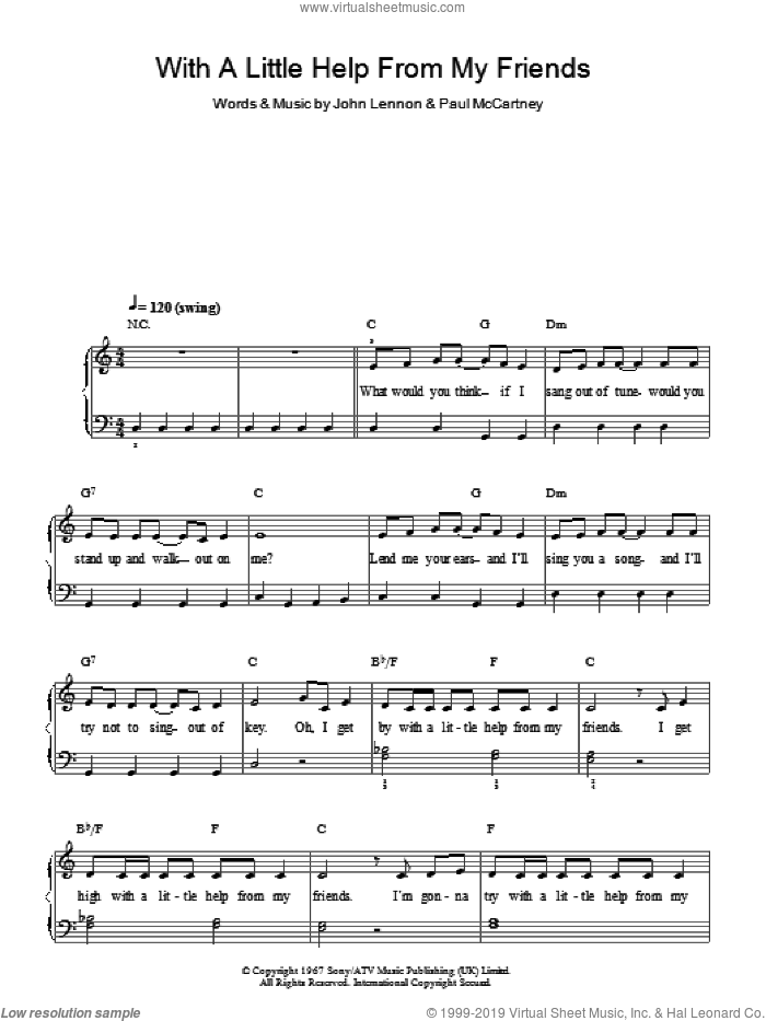 With A Little Help From My Friends, (easy) sheet music for piano solo by The Beatles, Joe Cocker, John Lennon and Paul McCartney, easy skill level