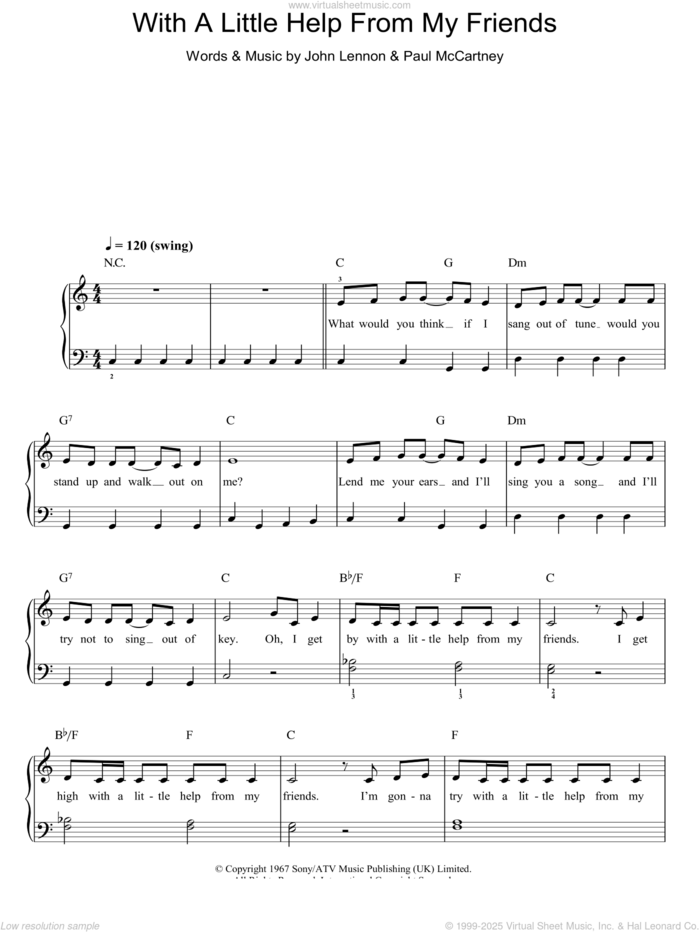 With A Little Help From My Friends, (easy) sheet music for piano solo by The Beatles, Joe Cocker, John Lennon and Paul McCartney, easy skill level