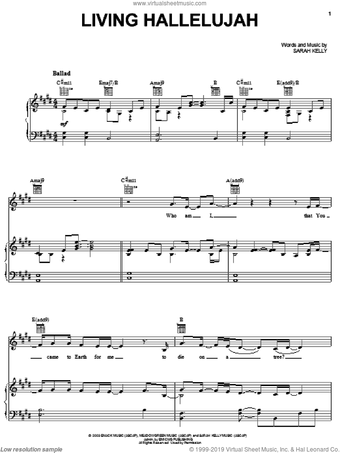 Living Hallelujah sheet music for voice, piano or guitar by Sarah Kelly, intermediate skill level