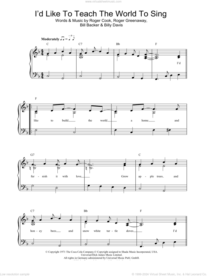 I'd Like To Teach The World To Sing sheet music for piano solo by The New Seekers, Bill Backer, Billy Davis, Roger Cook and Roger Greenaway, easy skill level