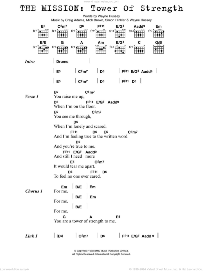 Tower Of Strength sheet music for guitar (chords) by The Mission, Craig Adams, Mick Brown, Simon Hinkler and Wayne Hussey, intermediate skill level