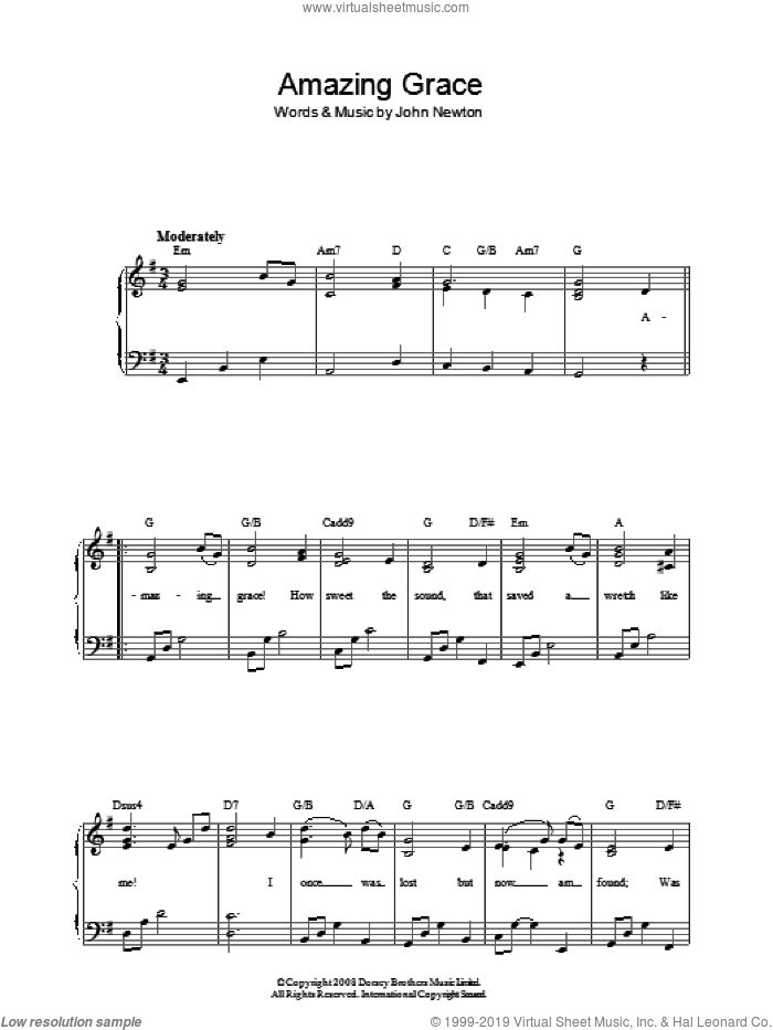 Amazing Grace sheet music for piano solo by John Newton, wedding score, easy skill level