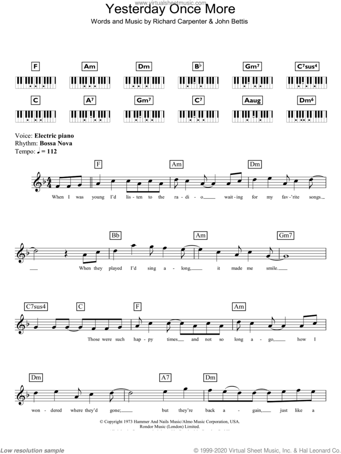 Yesterday Once More sheet music for piano solo (chords, lyrics, melody) by Carpenters, John Bettis and Richard Carpenter, intermediate piano (chords, lyrics, melody)