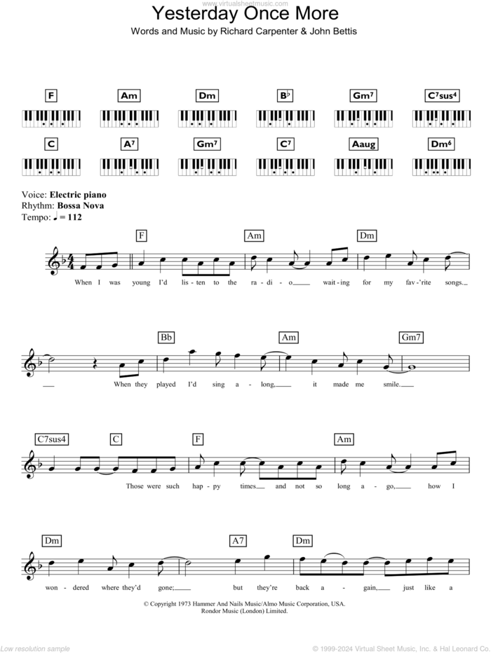 Yesterday Once More sheet music for piano solo (chords, lyrics, melody) by Carpenters, John Bettis and Richard Carpenter, intermediate piano (chords, lyrics, melody)