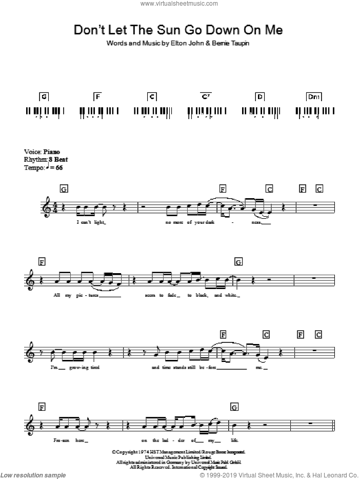 Don't Let The Sun Go Down On Me sheet music for piano solo (chords, lyrics, melody) by Elton John and Bernie Taupin, intermediate piano (chords, lyrics, melody)