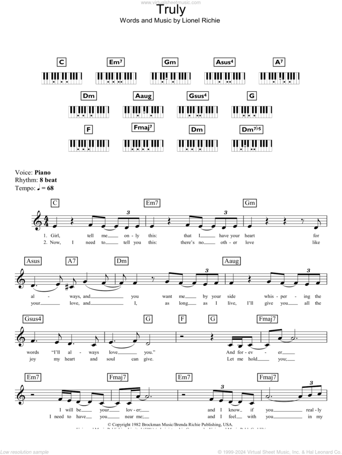 Truly sheet music for piano solo (chords, lyrics, melody) by Lionel Richie, intermediate piano (chords, lyrics, melody)