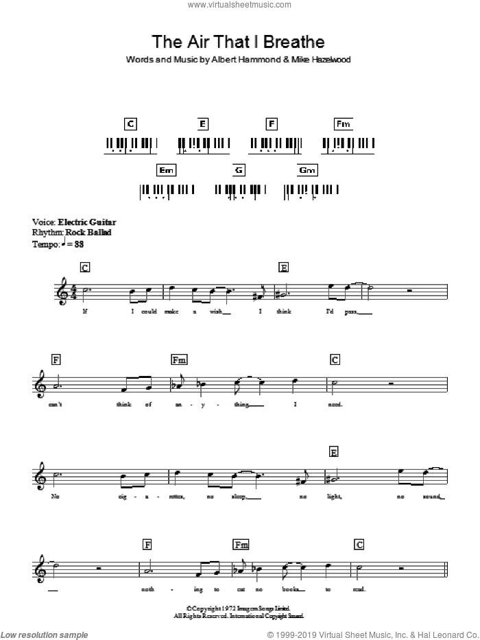 The Air That I Breathe sheet music for piano solo (chords, lyrics, melody) by The Hollies, Albert Hammond and Michael Hazlewood, intermediate piano (chords, lyrics, melody)