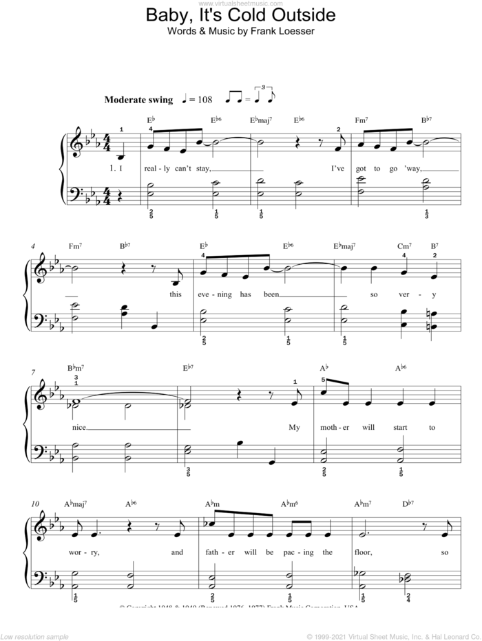 Baby, It's Cold Outside sheet music for piano solo by Tom Jones and Frank Loesser, easy skill level