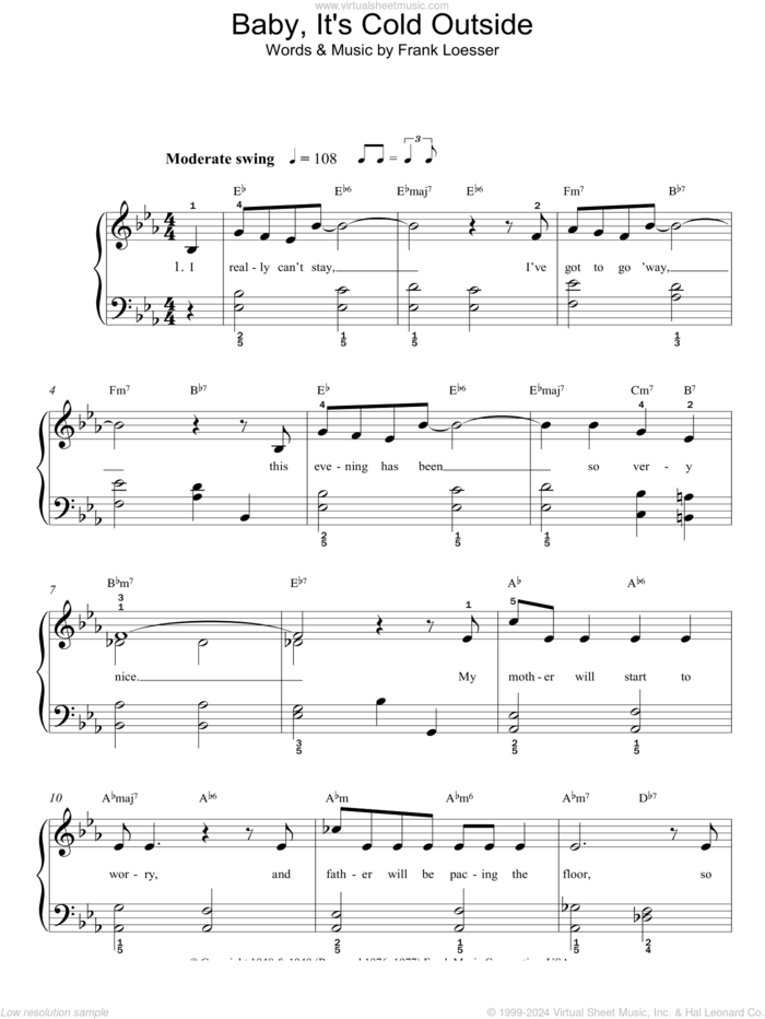 Baby, It's Cold Outside sheet music for piano solo by Tom Jones and Frank Loesser, easy skill level