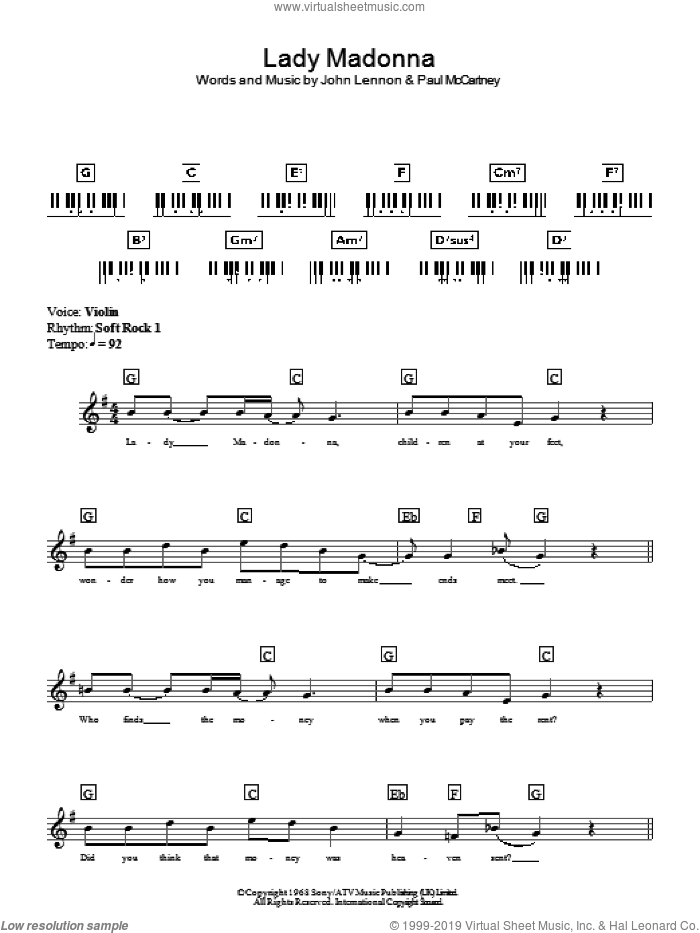 Lady Madonna sheet music for piano solo (chords, lyrics, melody) by The Beatles, John Lennon and Paul McCartney, intermediate piano (chords, lyrics, melody)