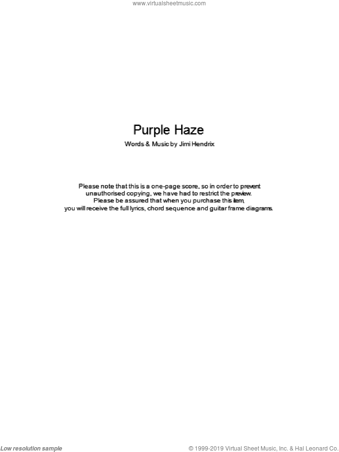 Purple Haze sheet music for guitar (chords) by Jimi Hendrix, intermediate skill level