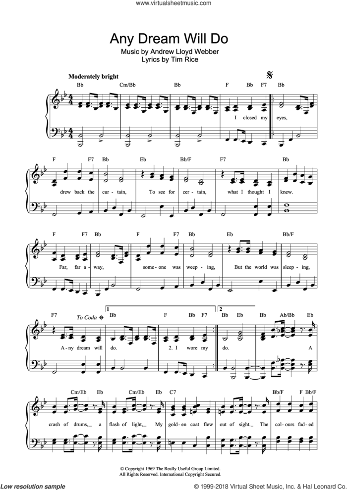 Any Dream Will Do (from Joseph And The Amazing Technicolor Dreamcoat) sheet music for voice and piano by Andrew Lloyd Webber and Tim Rice, intermediate skill level