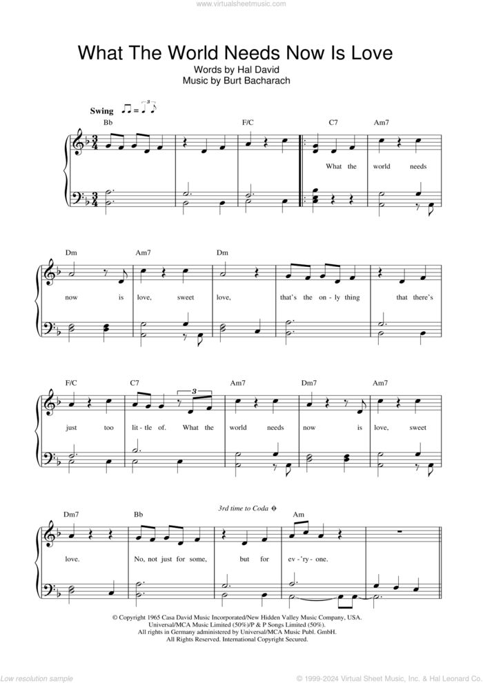 What The World Needs Now Is Love sheet music for voice and piano by Bacharach & David, Burt Bacharach and Hal David, intermediate skill level