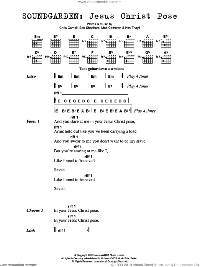 Jesus Christ Pose sheet music for guitar (chords) by Soundgarden, Ben Shepherd, Chris Cornell, Kim Thayil and Matt Cameron, intermediate skill level