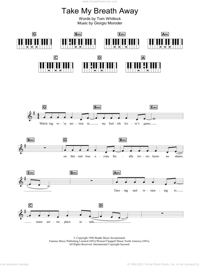 Take My Breath Away sheet music for piano solo (chords, lyrics, melody) by Giorgio Moroder, Irving Berlin and Tom Whitlock, intermediate piano (chords, lyrics, melody)