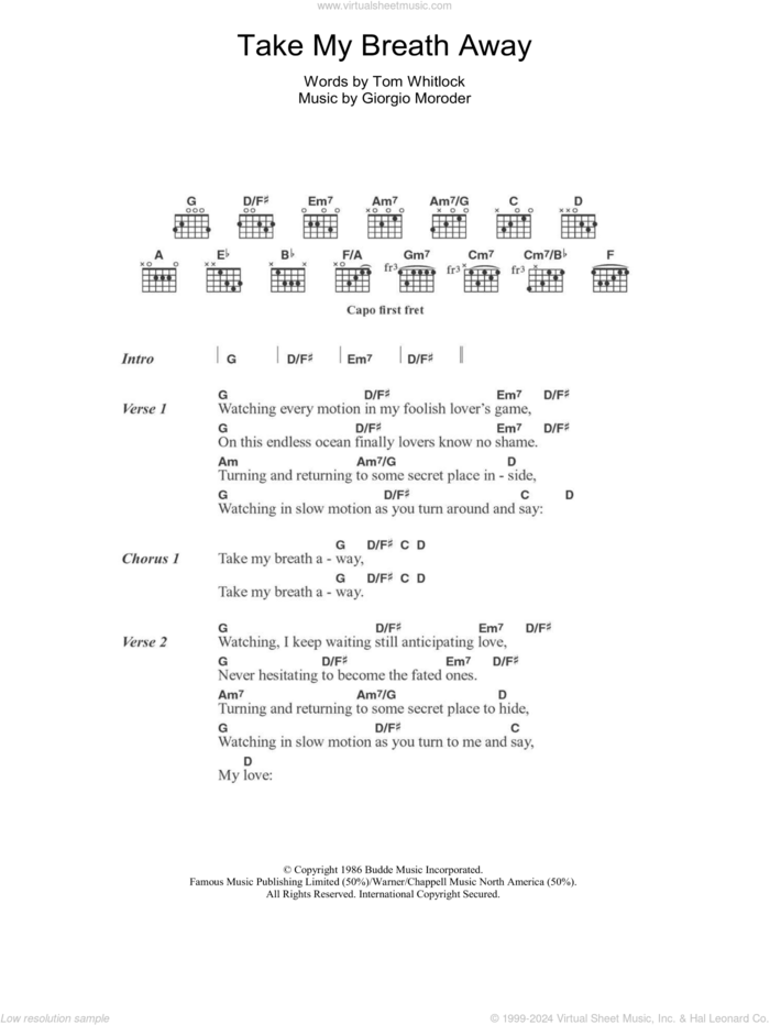 Take My Breath Away sheet music for guitar (chords) by Giorgio Moroder, Irving Berlin and Tom Whitlock, intermediate skill level