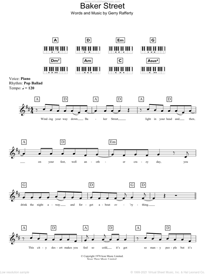 Baker Street sheet music for piano solo (chords, lyrics, melody) by Gerry Rafferty, intermediate piano (chords, lyrics, melody)