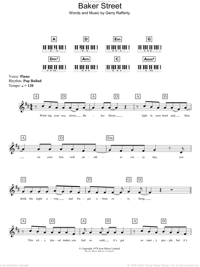 Baker Street sheet music for piano solo (chords, lyrics, melody) by Gerry Rafferty, intermediate piano (chords, lyrics, melody)