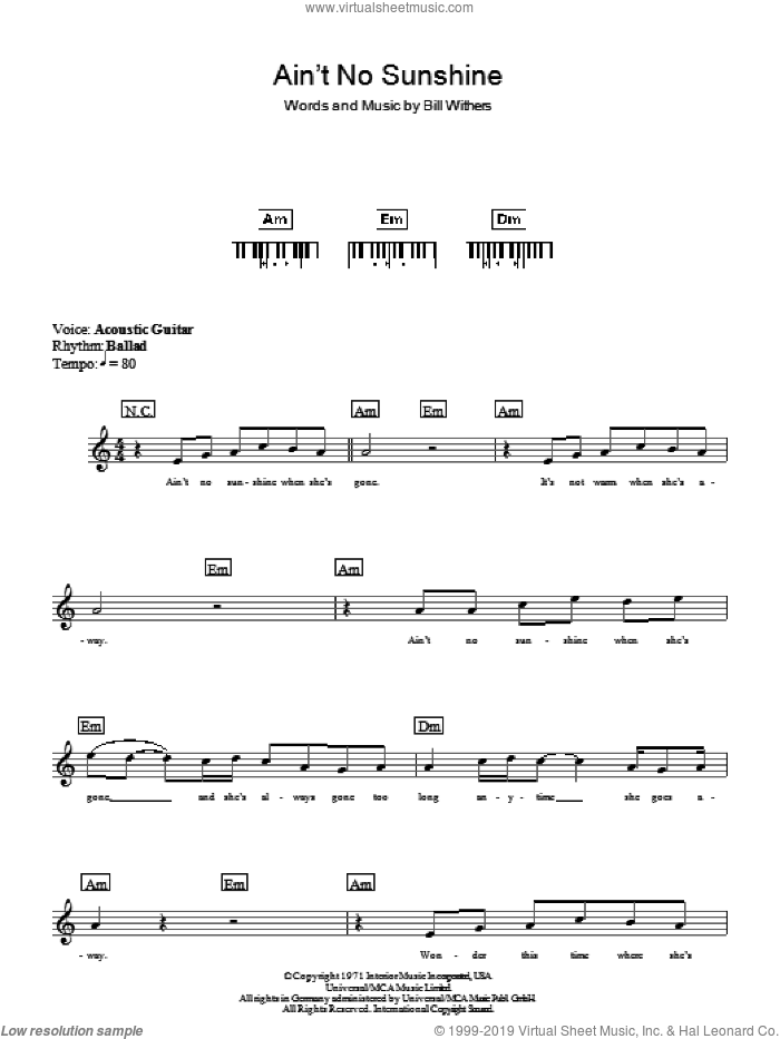 Ain't No Sunshine sheet music for piano solo (chords, lyrics, melody) by Bill Withers, intermediate piano (chords, lyrics, melody)
