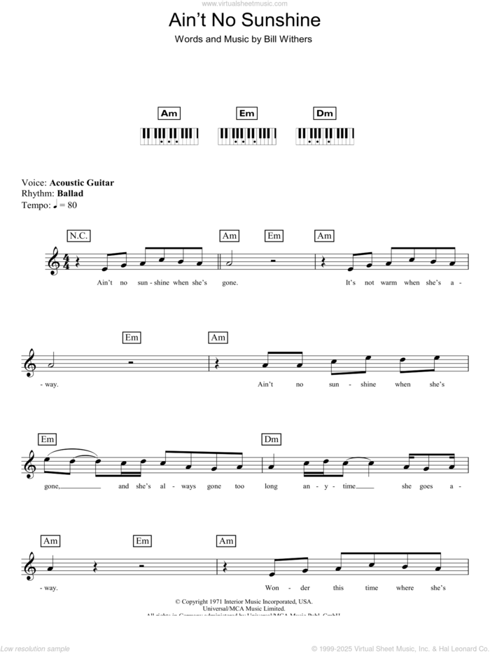 Ain't No Sunshine sheet music for piano solo (chords, lyrics, melody) by Bill Withers, intermediate piano (chords, lyrics, melody)