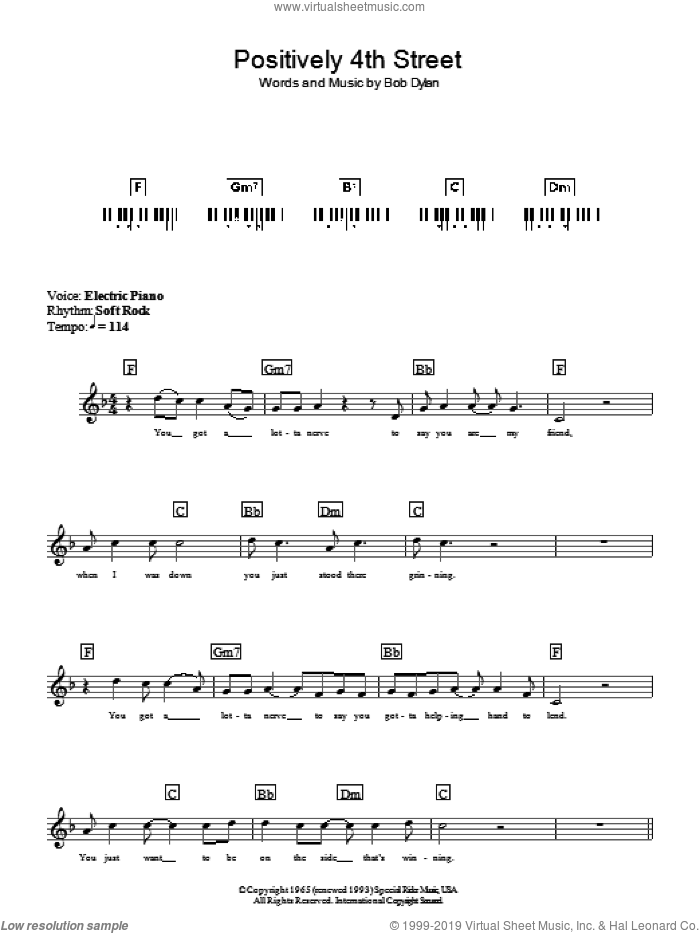 Positively 4th Street, (intermediate) sheet music for piano solo (chords, lyrics, melody) by Bob Dylan, intermediate piano (chords, lyrics, melody)